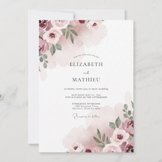 Blush Mauve Bloemblad Bruiloft Kaart (Voorkant)