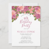 Blush Mauve Waterverf Floral 80th Birthday Party Kaart (Voorkant)