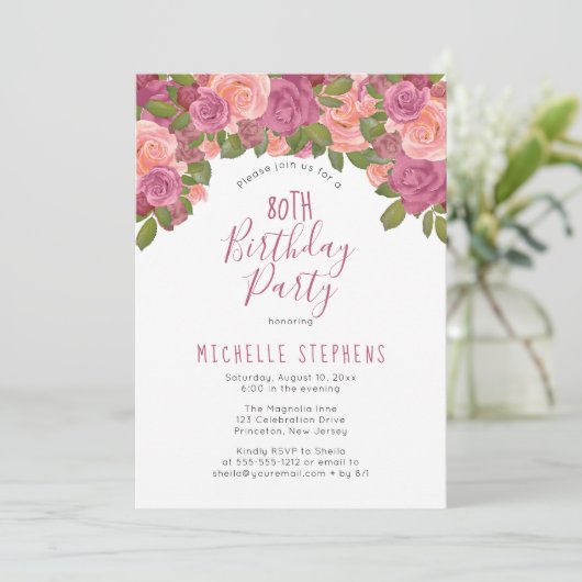 Blush Mauve Waterverf Floral 80th Birthday Party Kaart (Staand voorkant)