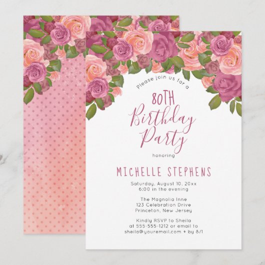 Blush Mauve Waterverf Floral 80th Birthday Party Kaart (Voorkant / Achterkant)