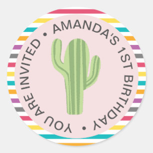 Blush met kleurrijke strepen Cactus Fiesta Verjaar Ronde Sticker