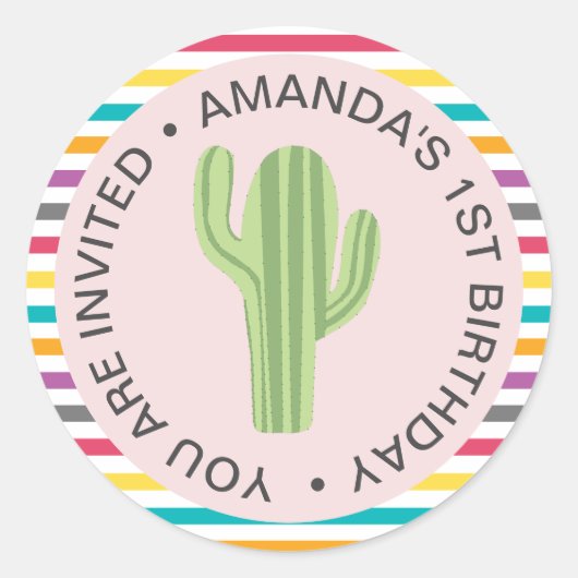 Blush met kleurrijke strepen Cactus Fiesta Verjaar Ronde Sticker (Voorkant)