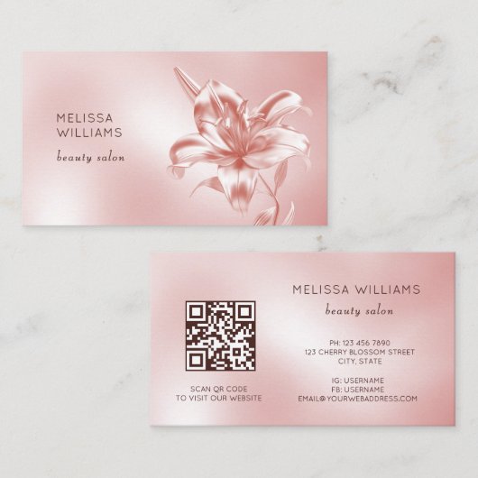 Blush Metallic 3D Lily Flower Visitekaartje (Voorkant / Achterkant)
