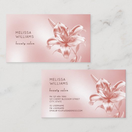 Blush Metallic 3D Lily Flower Visitekaartje (Voorkant / Achterkant)