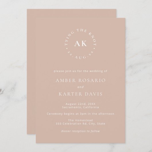 Blush Minimal Tying The Knot Monogram Bruiloft Kaart (Voorkant / Achterkant)