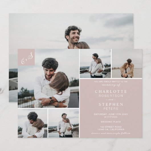 Blush minimalistische casual initialen 6 foto's br kaart (Voorkant / Achterkant)