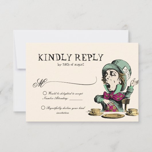 Blush Mint Alice in Wonderland Mad Hatter Wedding RSVP Kaartje (Voorkant)