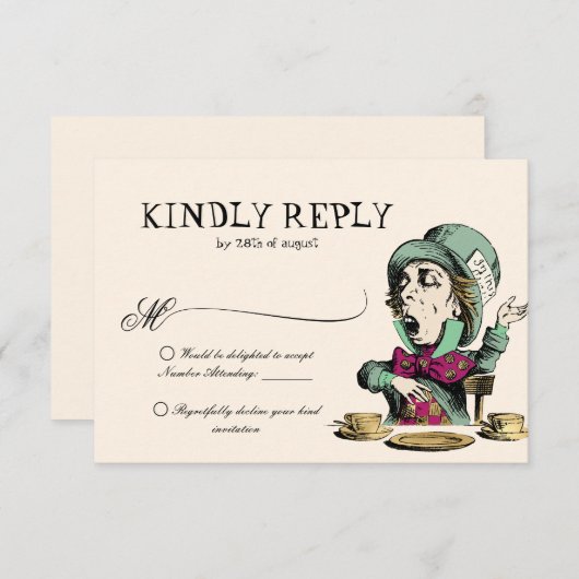 Blush Mint Alice in Wonderland Mad Hatter Wedding RSVP Kaartje (Voorkant / Achterkant)