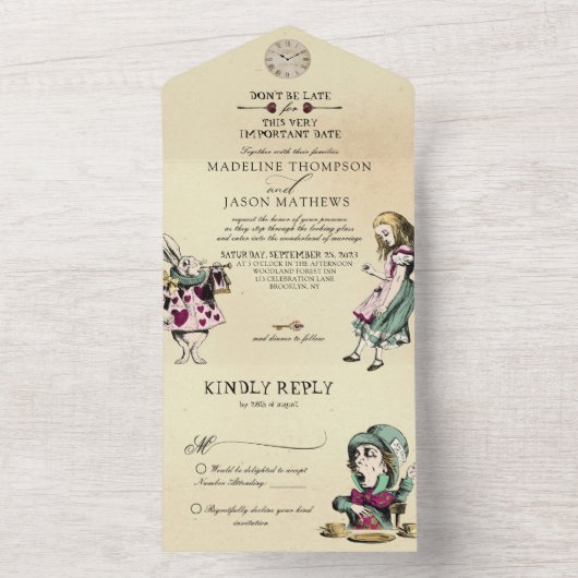 Blush Mint Alice in Wonderland Wedding All In One Uitnodiging (Binnen)