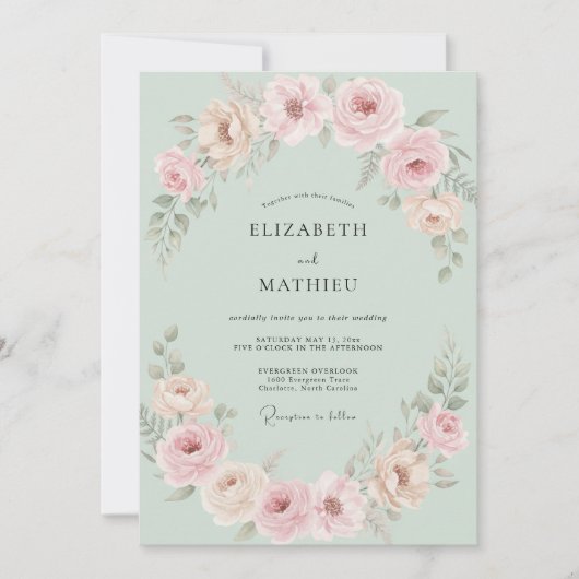 Blush Mint Bloemblaadje Bruiloft Kaart (Voorkant)