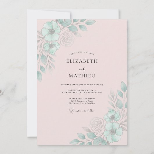 Blush Mint Leaf Bruiloft Kaart (Voorkant)
