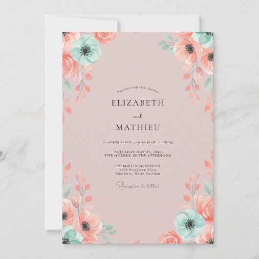 Blush Mint Wilde Bloem Bruiloft Kaart (Voorkant)