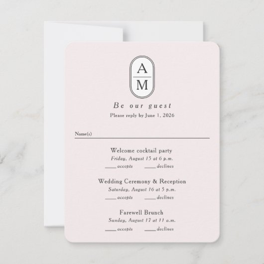 Blush Modern Arch Initialen Multi Events RSVP-kaar (Voorkant)
