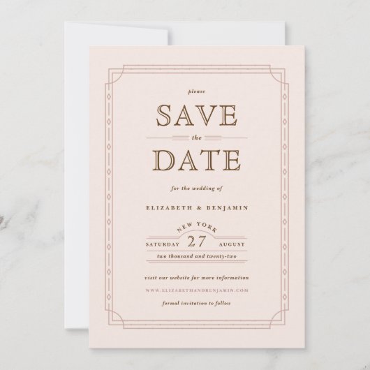 Blush Modern Art Deco Lijst Wedding Save the Date (Voorkant)