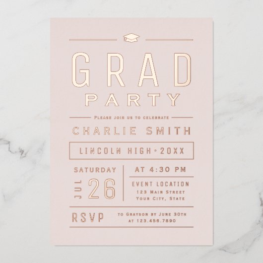 Blush Modern Eenvoudige Typografie Graduation Part Folie Uitnodiging (Voorkant)