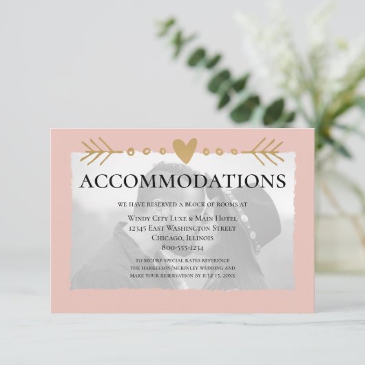 Blush Modern Photo Gold Hearts Accommodaties Informatiekaartje (Staand voorkant)