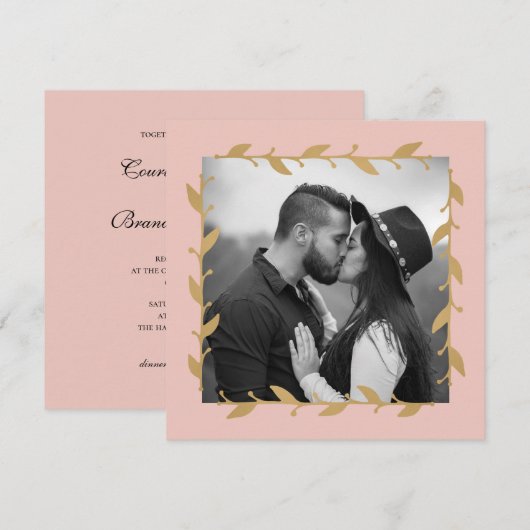 Blush Moderne Foto Goud Bladeren Bruiloft Kaart (Voorkant / Achterkant)