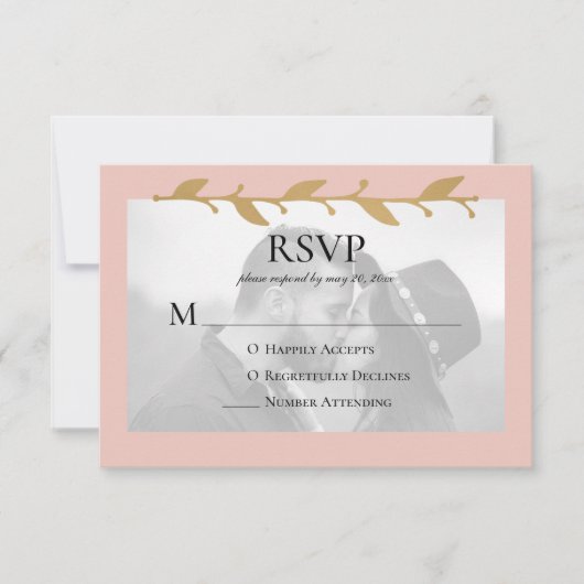Blush Moderne Foto Gouden Bladeren RSVP Kaartje (Voorkant)