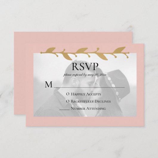 Blush Moderne Foto Gouden Bladeren RSVP Kaartje (Voorkant / Achterkant)