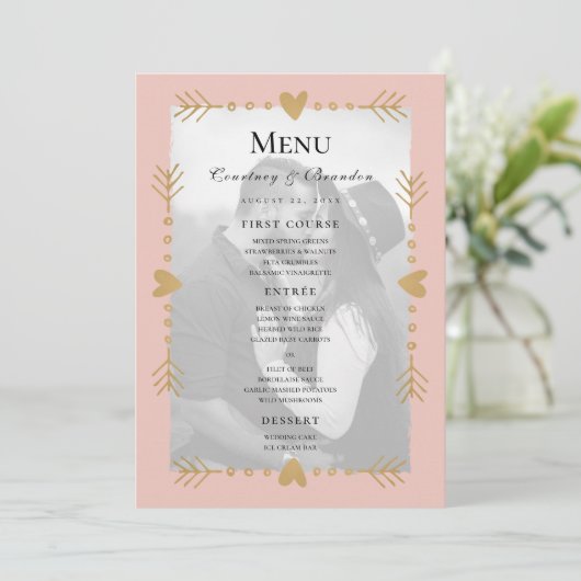 Blush Moderne Foto Gouden Harten Bruiloft Menu (Staand voorkant)