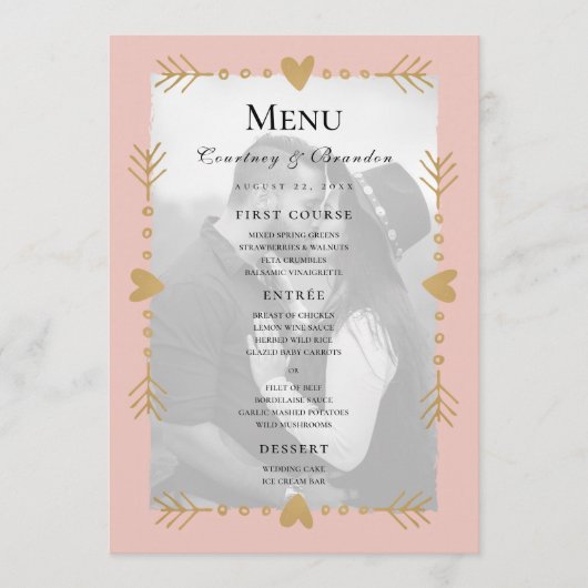 Blush Moderne Foto Gouden Harten Bruiloft Menu (Voorkant)