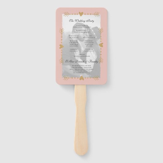 Blush Moderne Foto Gouden Harten Bruiloft Programm Handwaaier (Achterkant)