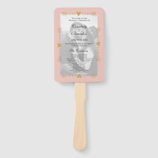 Blush Moderne Foto Gouden Harten Bruiloft Programm Handwaaier (Voorkant)
