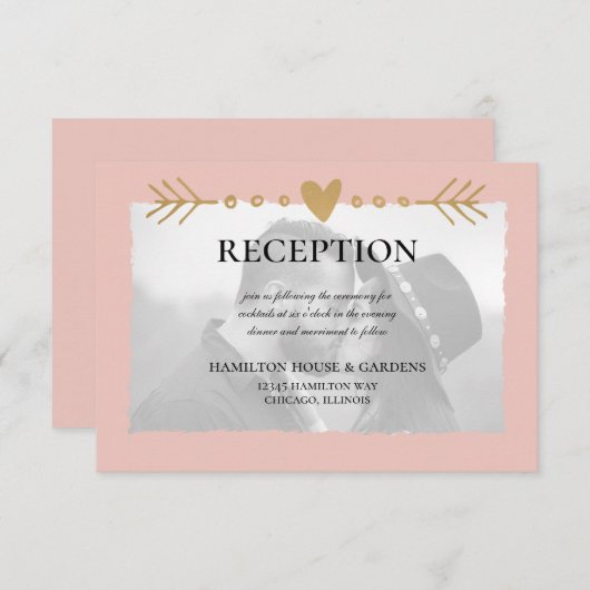 Blush Moderne Foto Gouden Harten Receptie Informatiekaartje (Voorkant / Achterkant)