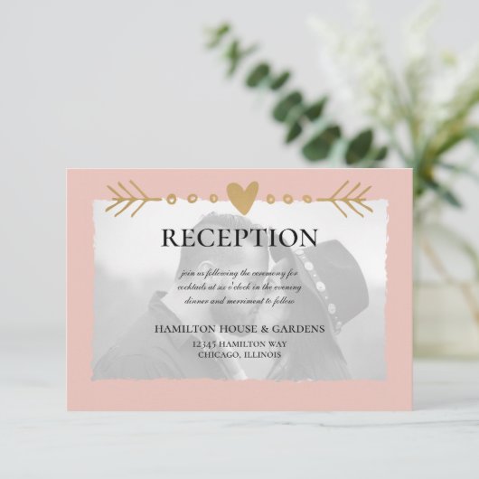 Blush Moderne Foto Gouden Harten Receptie Informatiekaartje (Staand voorkant)