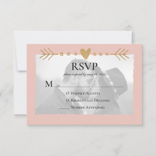 Blush Moderne Foto Gouden Harten RSVP Kaartje (Voorkant)
