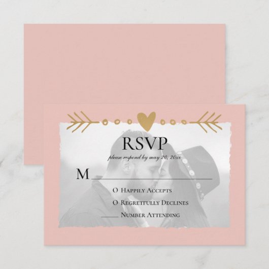 Blush Moderne Foto Gouden Harten RSVP Kaartje (Voorkant / Achterkant)
