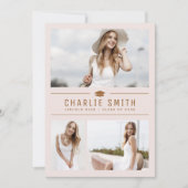 Blush Moderne Typografie 3 Foto Graduation Party Kaart (Voorkant)
