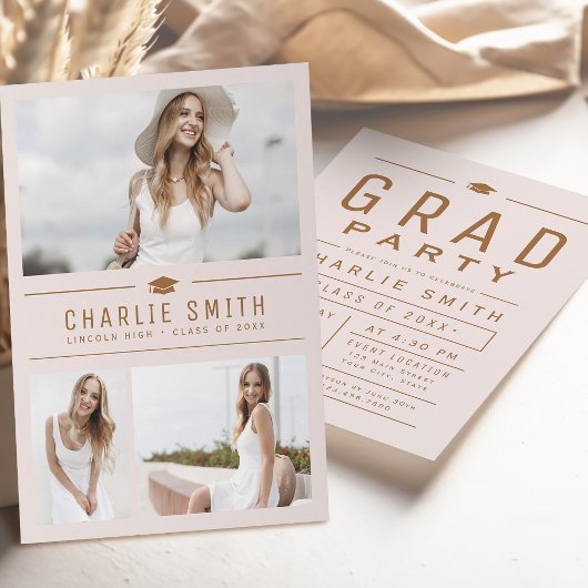 Blush Moderne Typografie 3 Foto Graduation Party Kaart