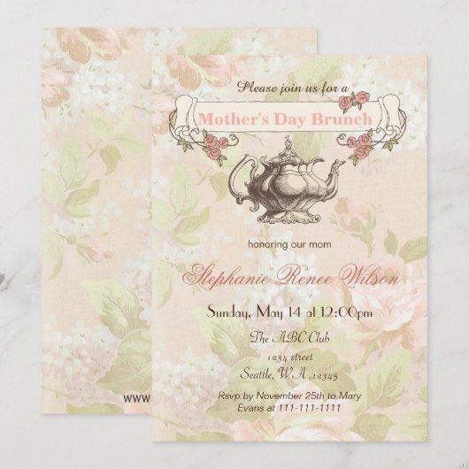Blush Moederdag Brunch Tea Party Kaart (Voorkant / Achterkant)