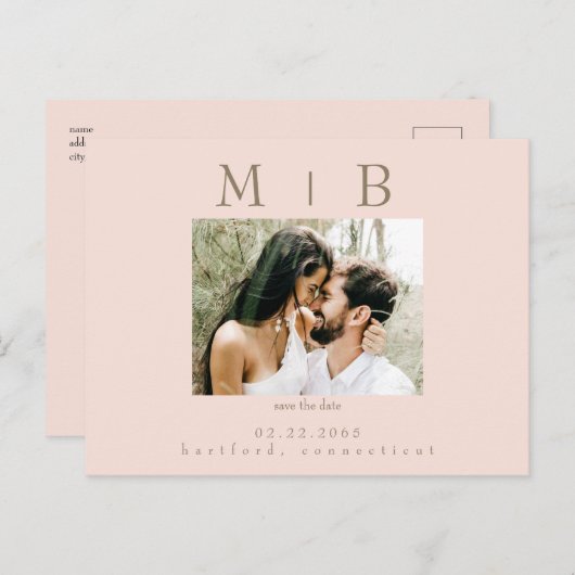 Blush Monogram Foto Bruiloft Save the Date Briefkaart (Voorkant / Achterkant)