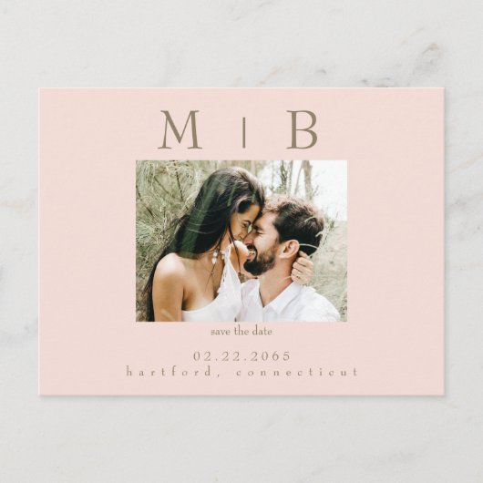 Blush Monogram Foto Bruiloft Save the Date Briefkaart (Voorkant)
