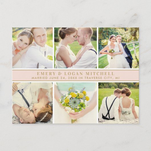 Blush Monogram Weddenschap Foto Collage Bedankt Briefkaart (Voorkant)
