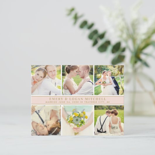 Blush Monogram Weddenschap Foto Collage Bedankt Briefkaart (Staand voorkant)