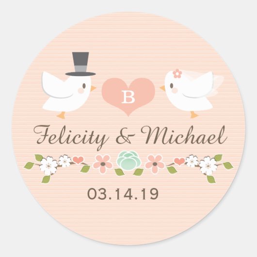 BLUSH MONOGRAMMED DUIF TORTELDUIFJES BRUILOFT RONDE STICKER (Voorkant)