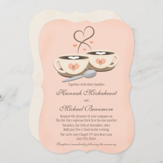 Blush Monogrammed Hart Twee Koffiekopjes Bruiloft Kaart (Voorkant / Achterkant)