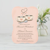 Blush Monogrammed Hart Twee Koffiekopjes Bruiloft Kaart (Staand voorkant)