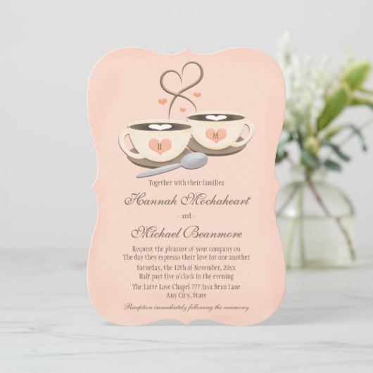 Blush Monogrammed Hart Twee Koffiekopjes Bruiloft Kaart (Staand voorkant)