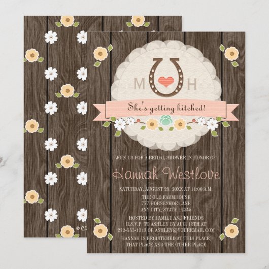 BLUSH MONOGRAMMED HOEFIJZER WESTERN VRIJGEZELLENFE KAART (Voorkant / Achterkant)