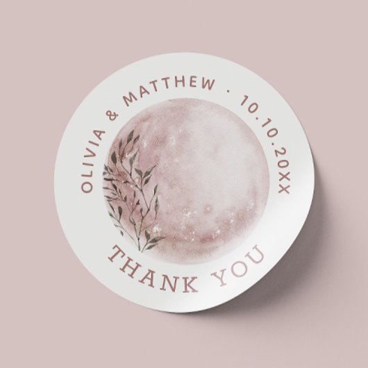 Blush Moon. Elegante Trouwfavorietlabel Bedankt Ronde Sticker