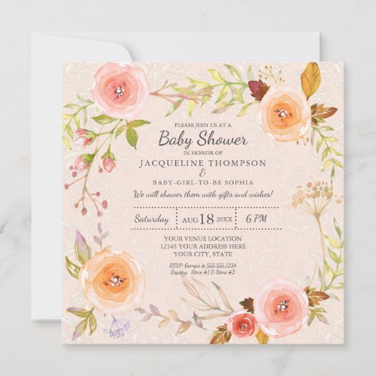 Blush n Gold Waterverf Floral Damask Typografie Kaart (Voorkant)