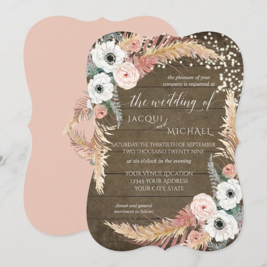 Blush n White Pampas Grass Floral Twinkle Lights Kaart (Voorkant / Achterkant)