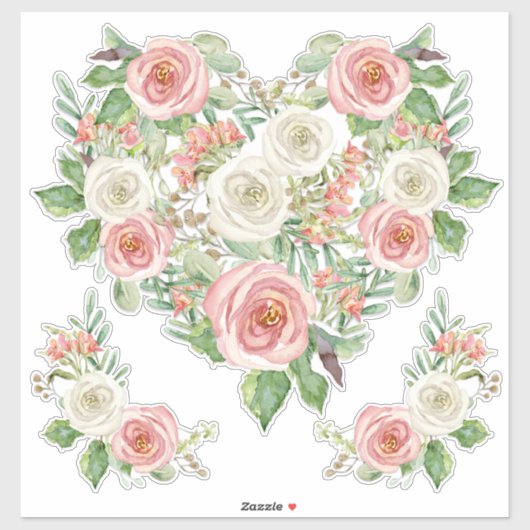 Blush n White Rose Waterverf Floral Heart Design Sticker (Vel)