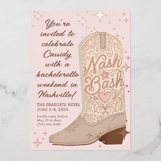 Blush Nash Bash Cowgirl Boot Bachelorette Party Folie Uitnodiging (Voorkant)