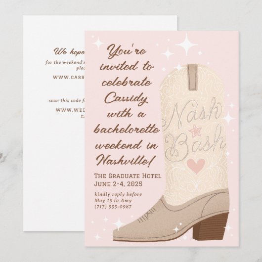 Blush Nash Bash Cowgirl Boot Bachelorette Party Kaart (Voorkant / Achterkant)