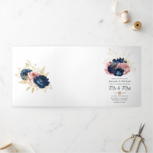 Blush, Navy and Gold Floral Wedding Drieluik Uitnodiging